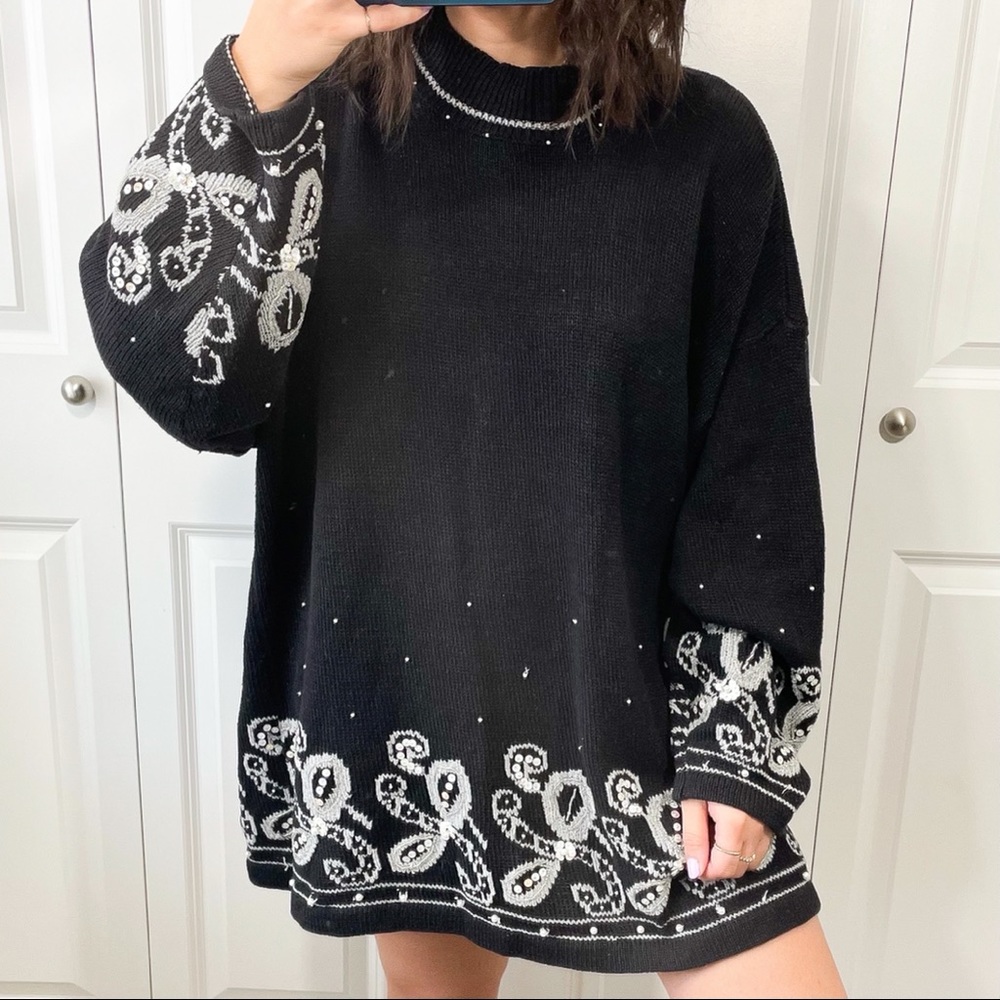 Black and white beaded embroidered knit sweater
